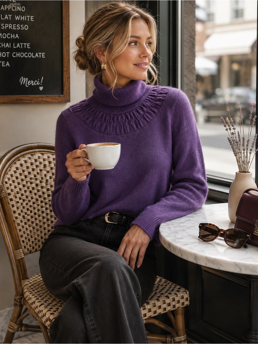 Kenar Deep Plum (Purple)Cable-Yoke Turtleneck Sweater Merino Wool